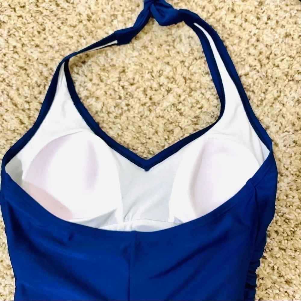 SPEEDO one piece halter swimsuit women blue minimalist beach padded size S